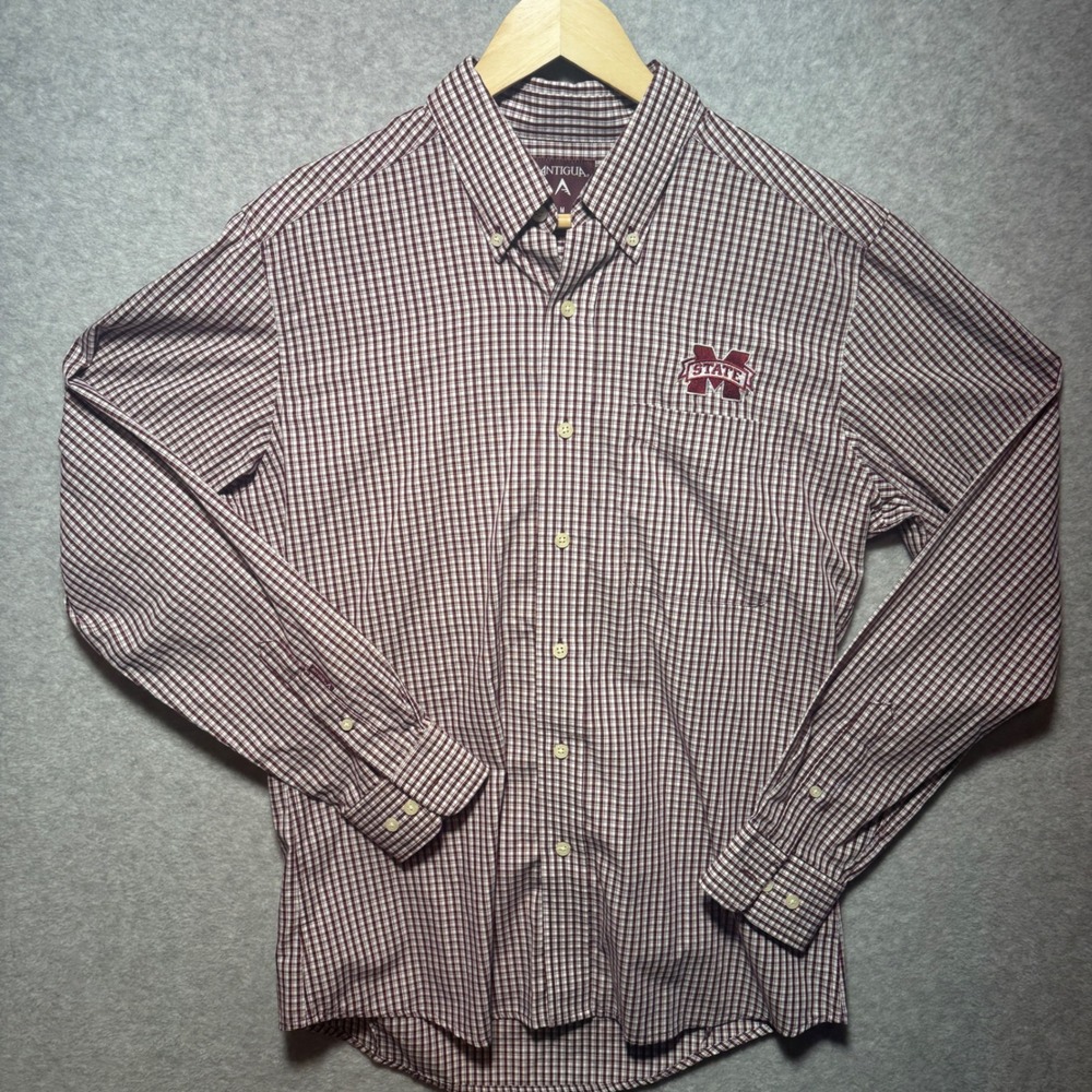 Antigua Mens Mississippi State Bulldogs Gingham Button Down Shirt Maroon White M